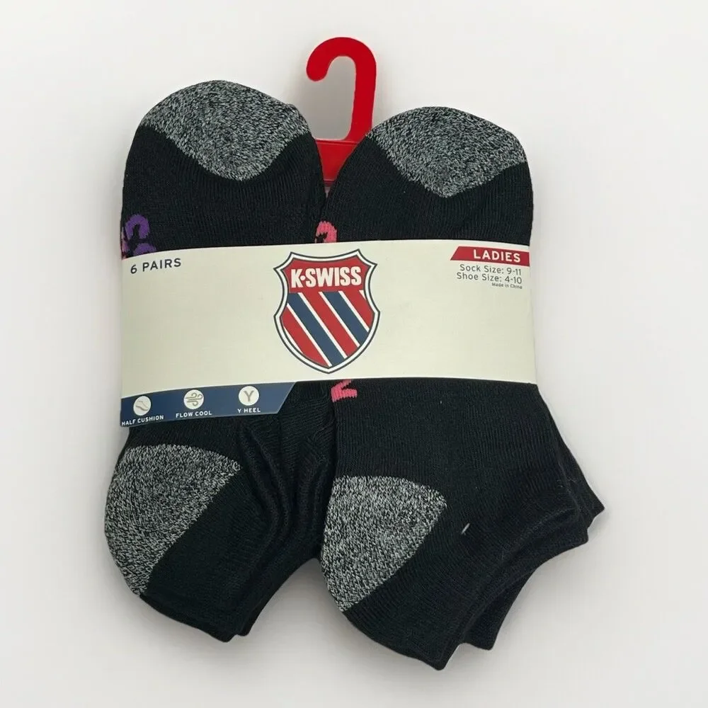 K Swiss Women's No-Show Socks 6 Pack Medium 4-10 Black‎ Flow Cool $28 Cushioned